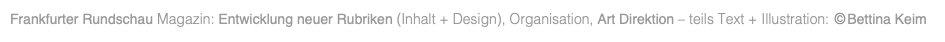 Frankfurter Rundschau Magazin: Entwicklung neuer Rubriken (Inhalt + Design), Organisation, Art Direktion – teils Text + Illustration: © Bettina Keim