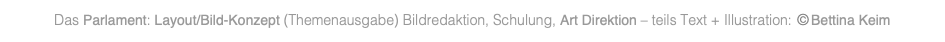 Das Parlament: Layout/Bild-Konzept (Themenausgabe) Bildredaktion, Schulung, Art Direktion – teils Text + Illustration: © Bettina Keim